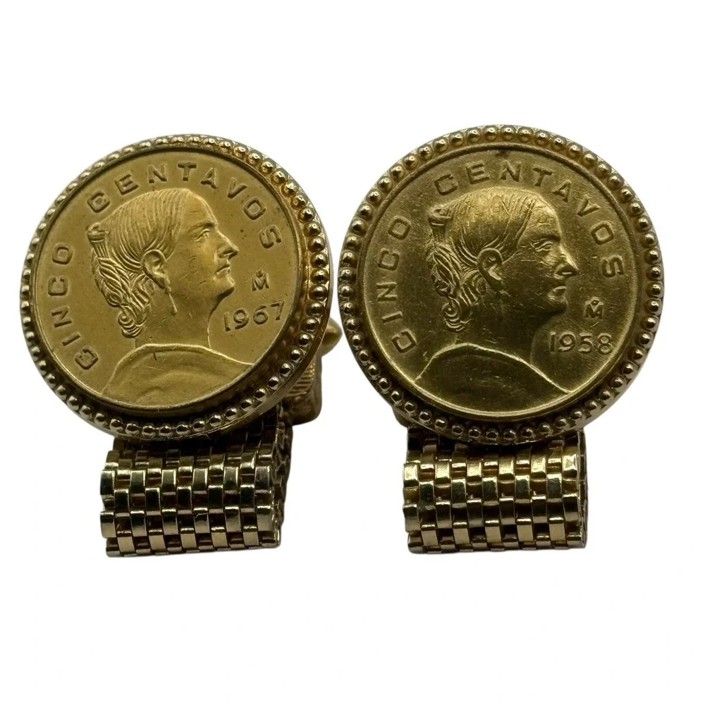 Mexican Coin Cufflinks Mesh Wrap Around Gold Tone Vintage‎ 50s 60s Cinco De Mayo